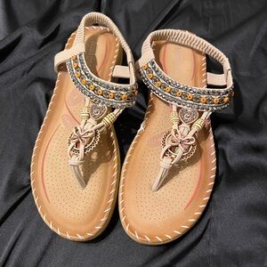 Chic Beaded Sandals in Tan